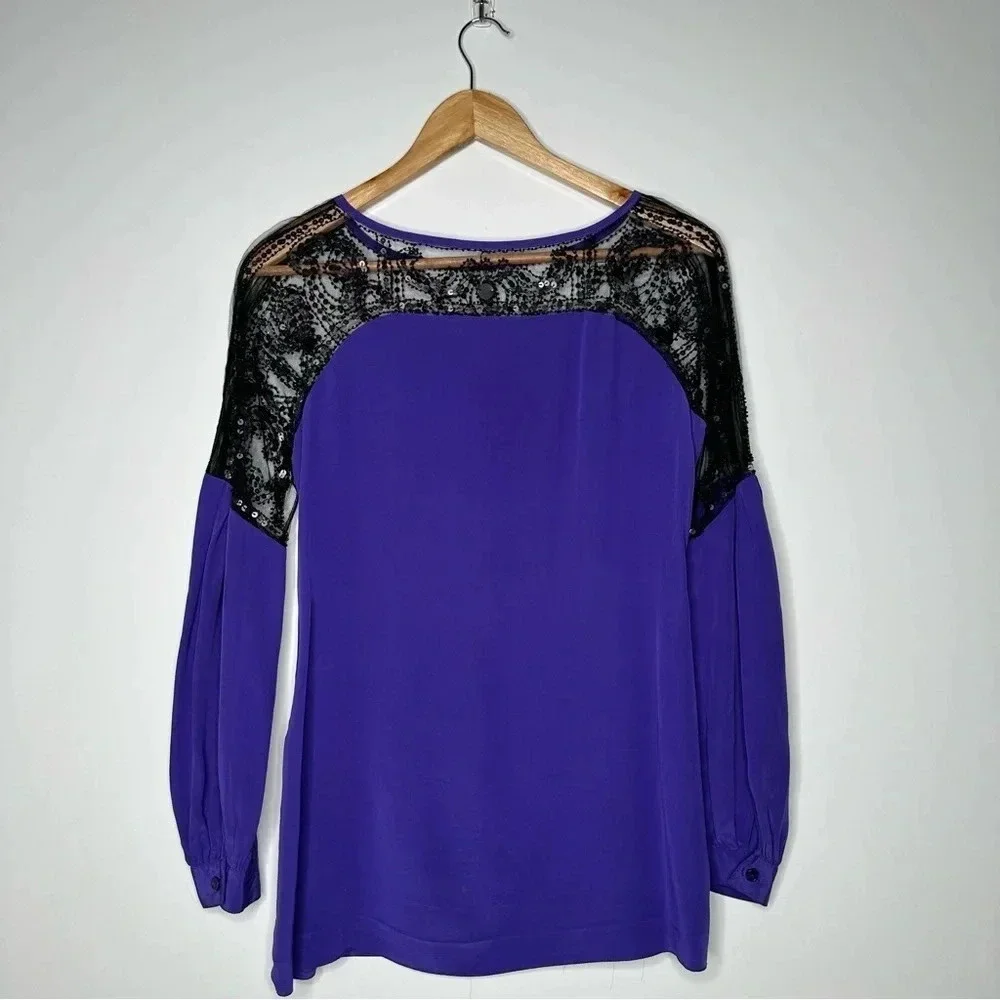 Tory Burch Purple Black Lace Embellished 100% Silk Blouse Size 4